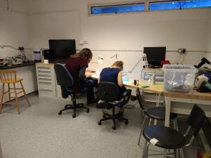 The board-populating workstation set up in our electronics workshop.